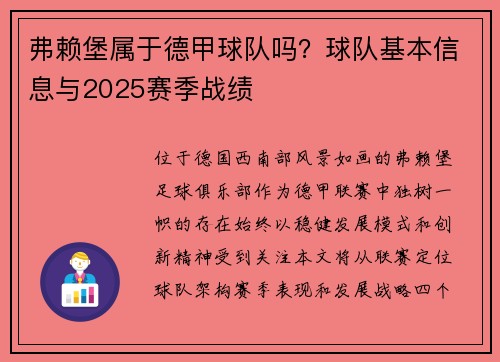 弗赖堡属于德甲球队吗？球队基本信息与2025赛季战绩