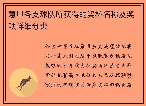 意甲各支球队所获得的奖杯名称及奖项详细分类